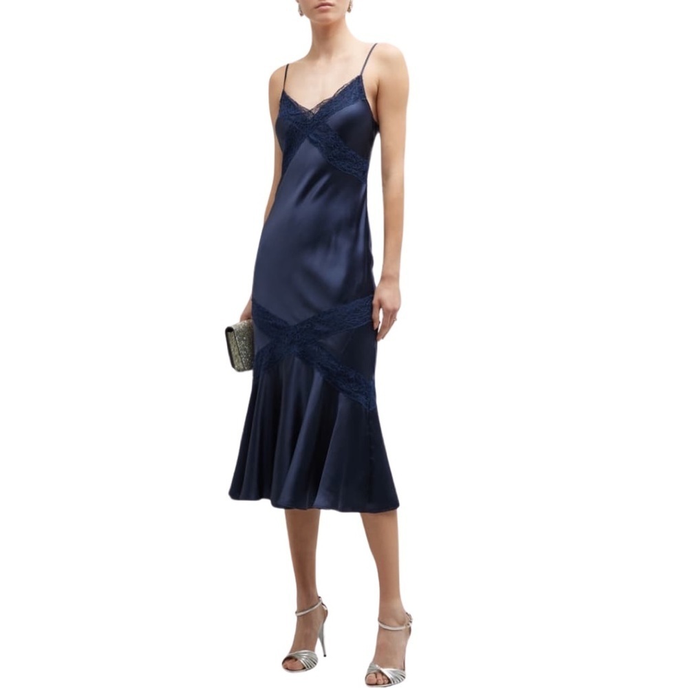 Nwt Cami Nyc Dagon Bias-Cut Lace Panel 100% Silk Midi Dress In Navy Blue